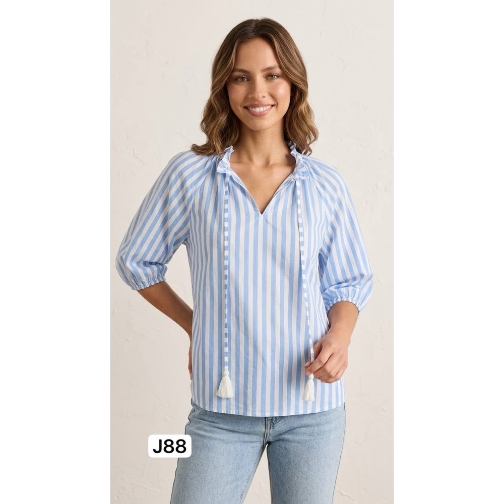 NWT The Home Holiday Carol Top Sky Stripe Blue White Ruffle Neck Blouse Size S